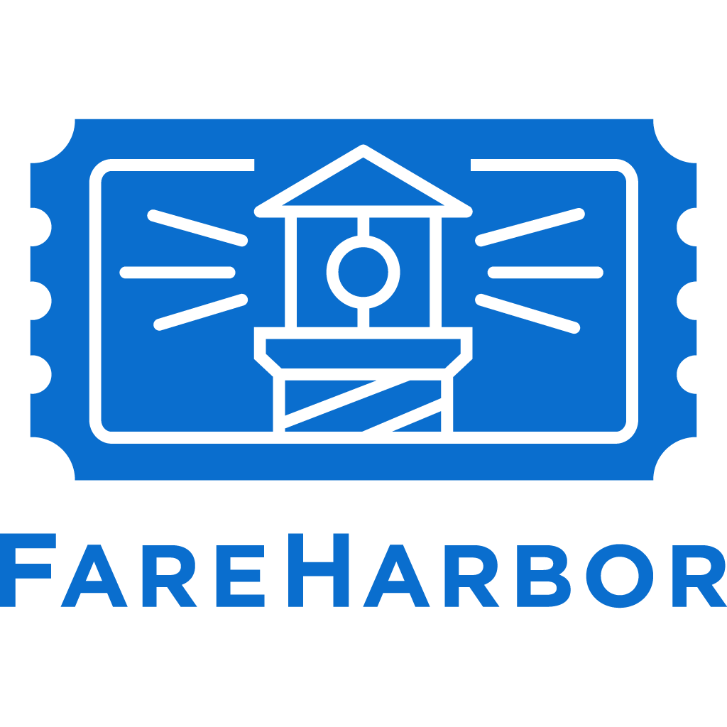 Logo FareHarbor z niebieskim symbolem biletu